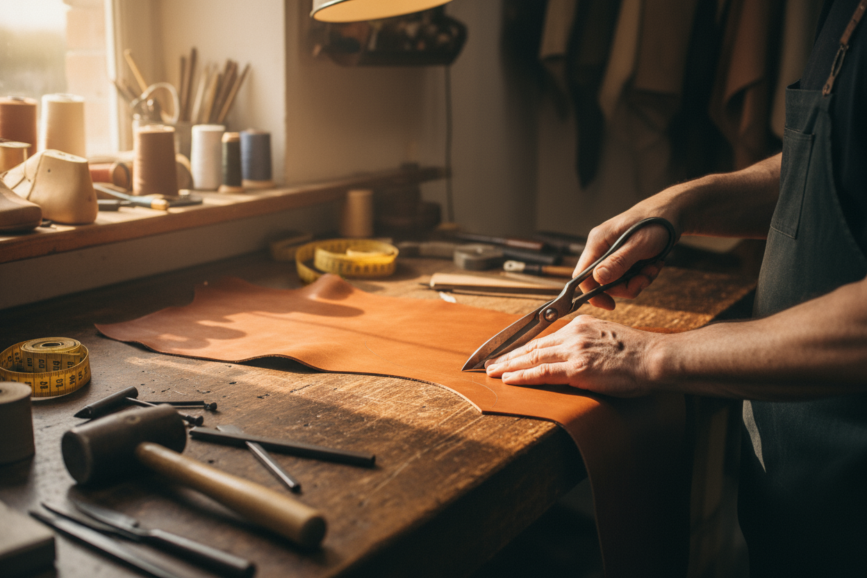 Lederzuschneiden für schuhe, handarbeit